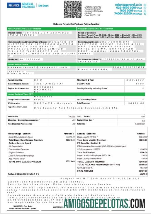 em branco Índia Reliance General Insurance Company Limited Licença Extrato bancário falso Modelo Word e PDF, 2 páginas